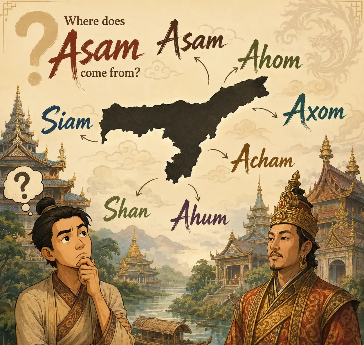 The word Assam is believed to come from the Bodo word Ha-Sham (ha - land and sham - Shan or Tai people or literally the land of Tai people)