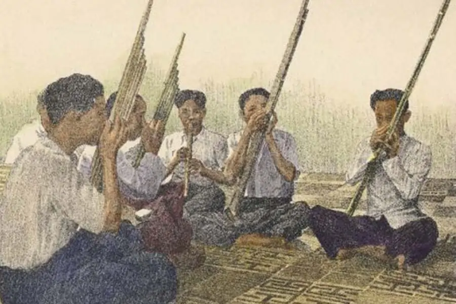 A Group of Lao/Isan men with their Khaen (traditional Lao bamboo mouth organ)