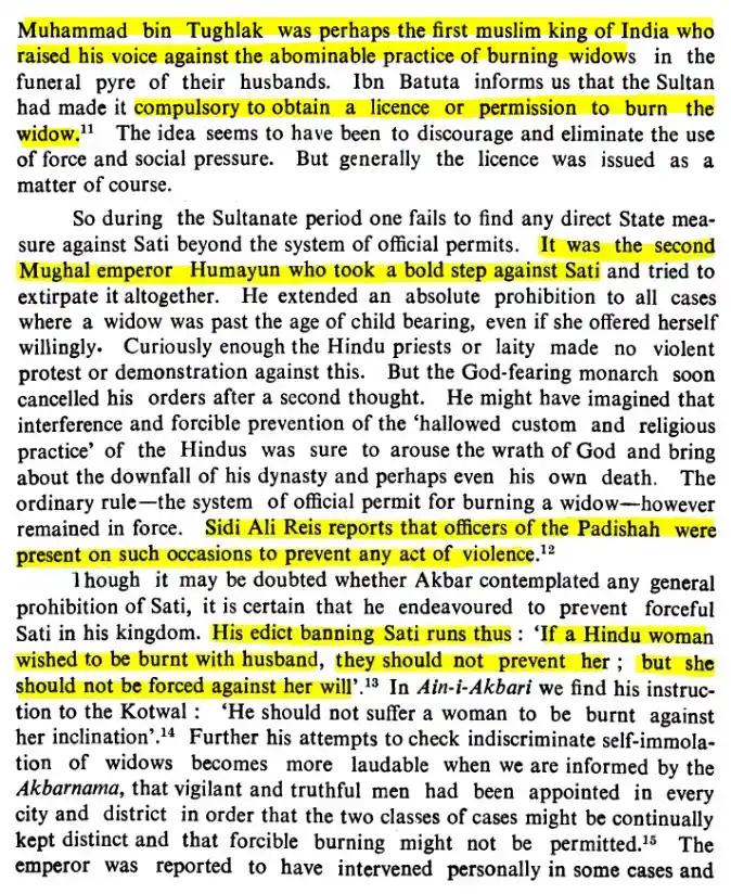 Tughlaq, Humayun and Akbar banning Sati by varying degrees