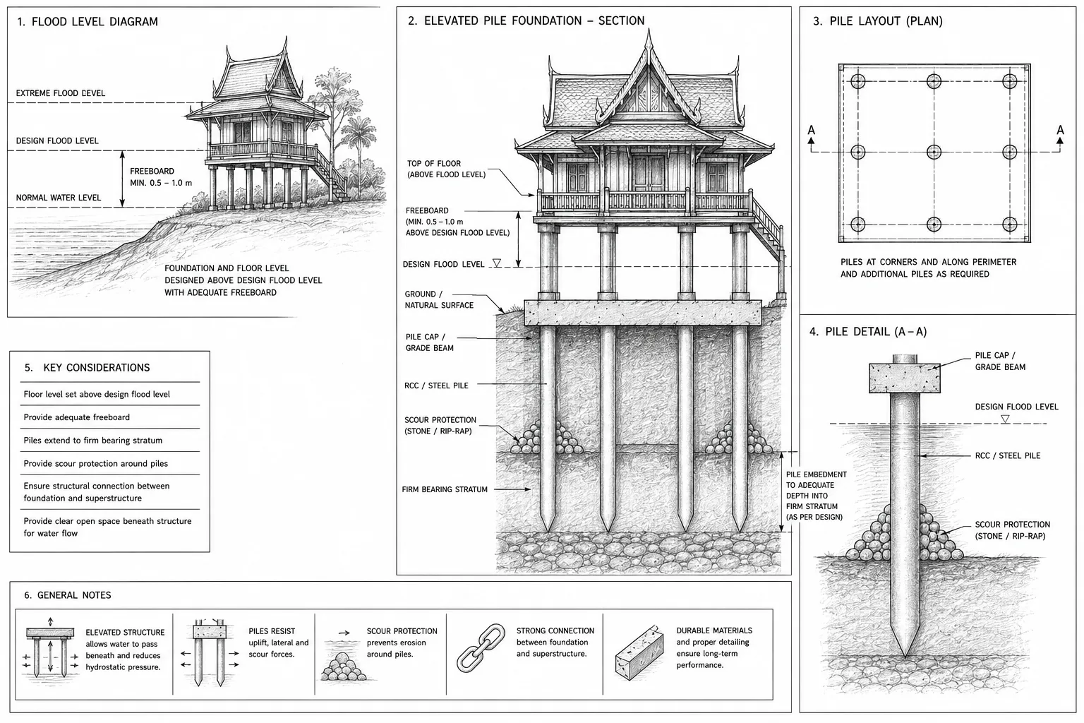 Elevated pile foundations resist flood currents, while Tai-style houses keep living areas above flood levels