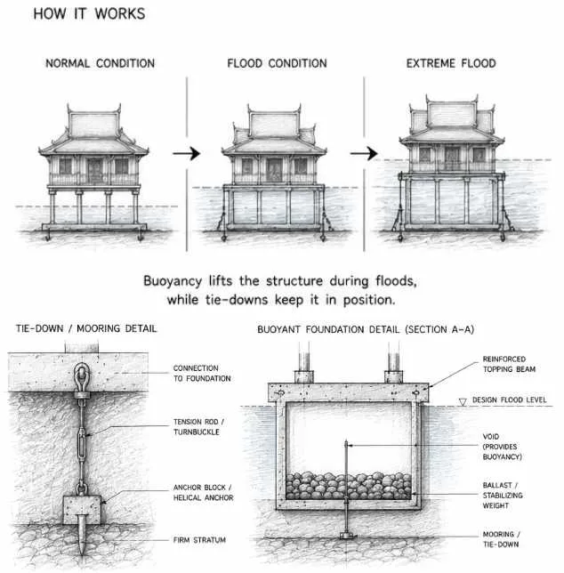 Buoyant foundation houses are designed to rise with floodwater using floating foundations, allowing the structure to remain safe during floods while returning to its original position when water recedes
