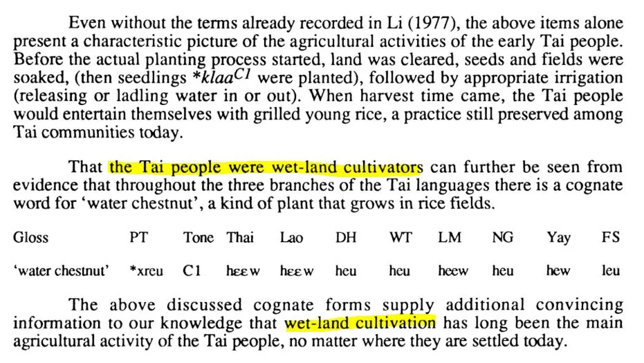 Evidence of Tai-Kadai people being Wet-Rice Cultivators since inception (Yongxian 1977)