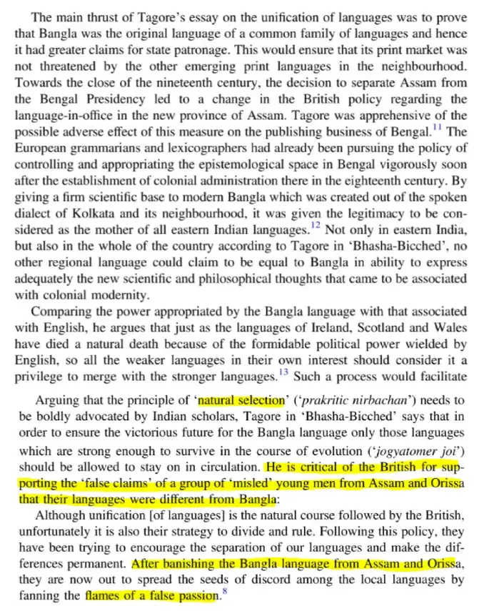 Tagore's Views on Assamese and Odia being inferior dialects of Bengali (ref. Language, Nationalism and Tagore)